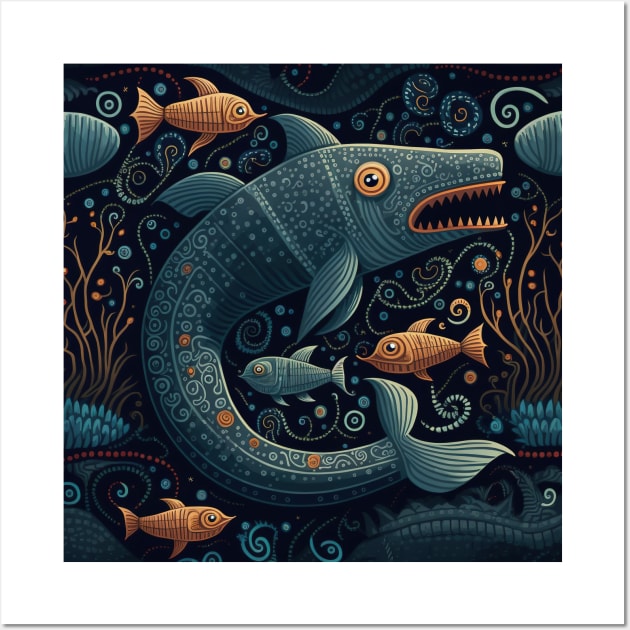 Sea Faring Sea Monster Surrounded by Shoal and Shimmering Seaweed 1 Wall Art by All Folked Up